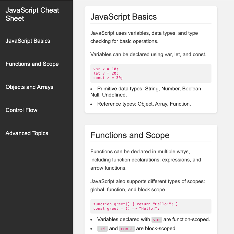 Screenshot of a responsive technical documentation page design