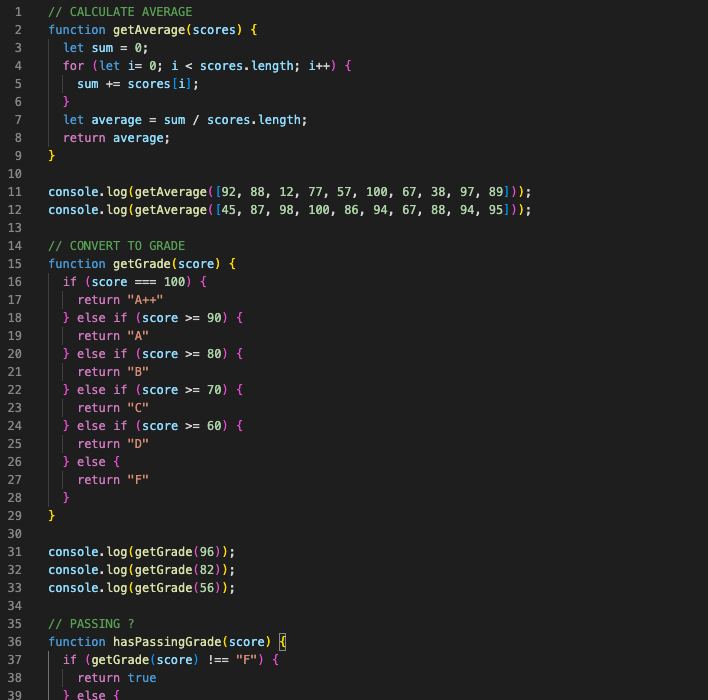 Screenshot of gradebook app code