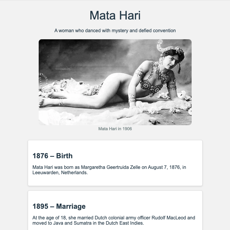 Screenshot of Tribute Page for Mata Hari